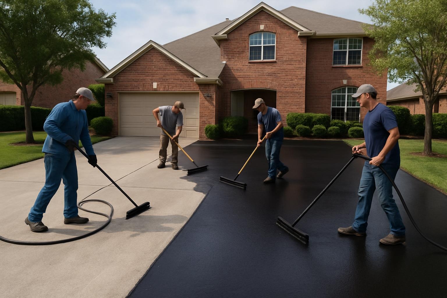 Crew performing asphalt sealcoating on a driveway in Plano TX