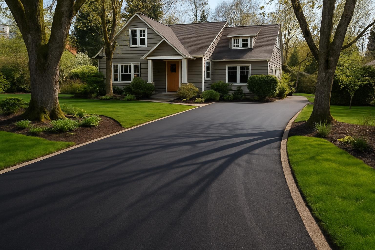 Freshly completed asphalt paving driveway at a Portland home