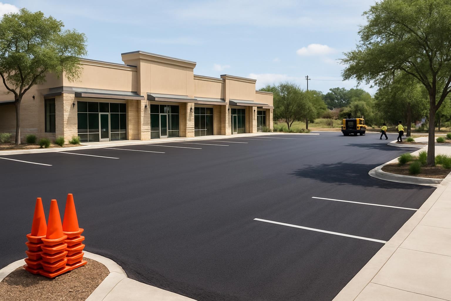 Freshly completed asphalt parking lot paving in San Antonio with crisp edges and smooth blacktop surface