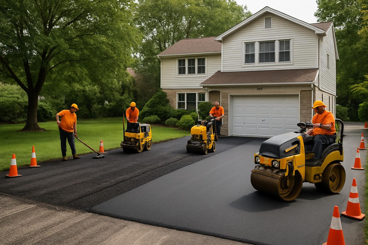 Crew performing asphalt resurfacing on a residential driveway in Staten Island, NY