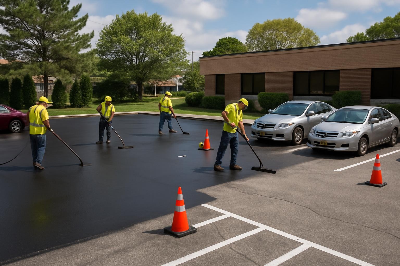 Crew performing asphalt parking lot sealcoating in Staten Island, NY