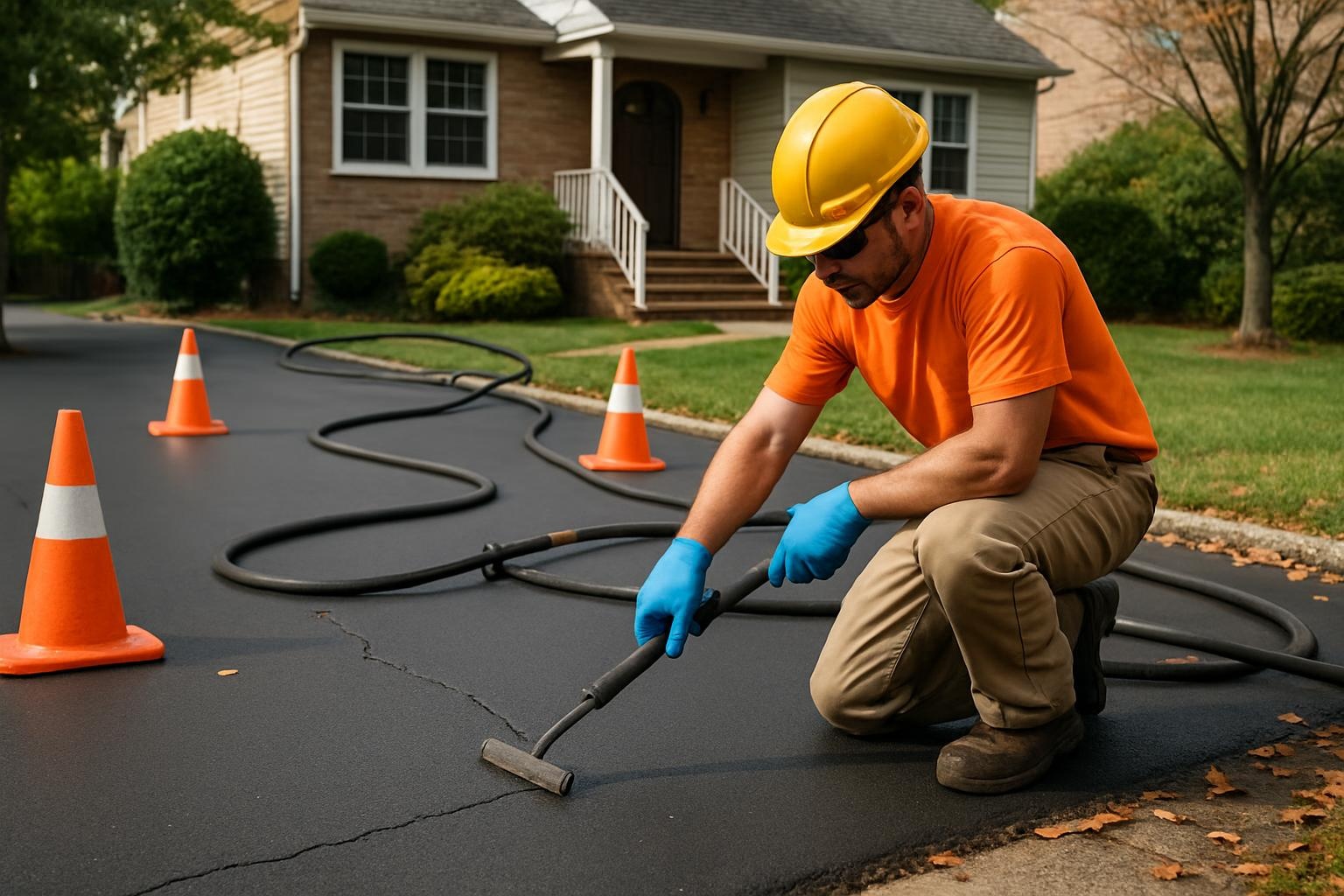 Technician performing seasonal asphalt driveway maintenance in Staten Island, NY