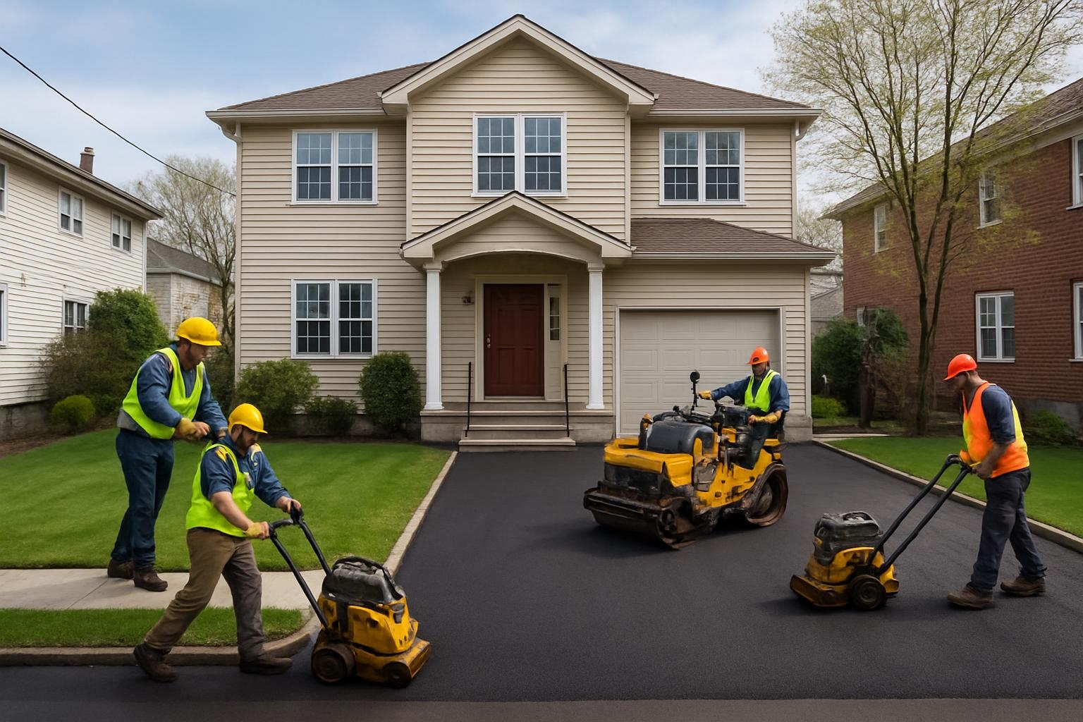 Crew completing asphalt driveway installation in Staten Island, NY for a residential home