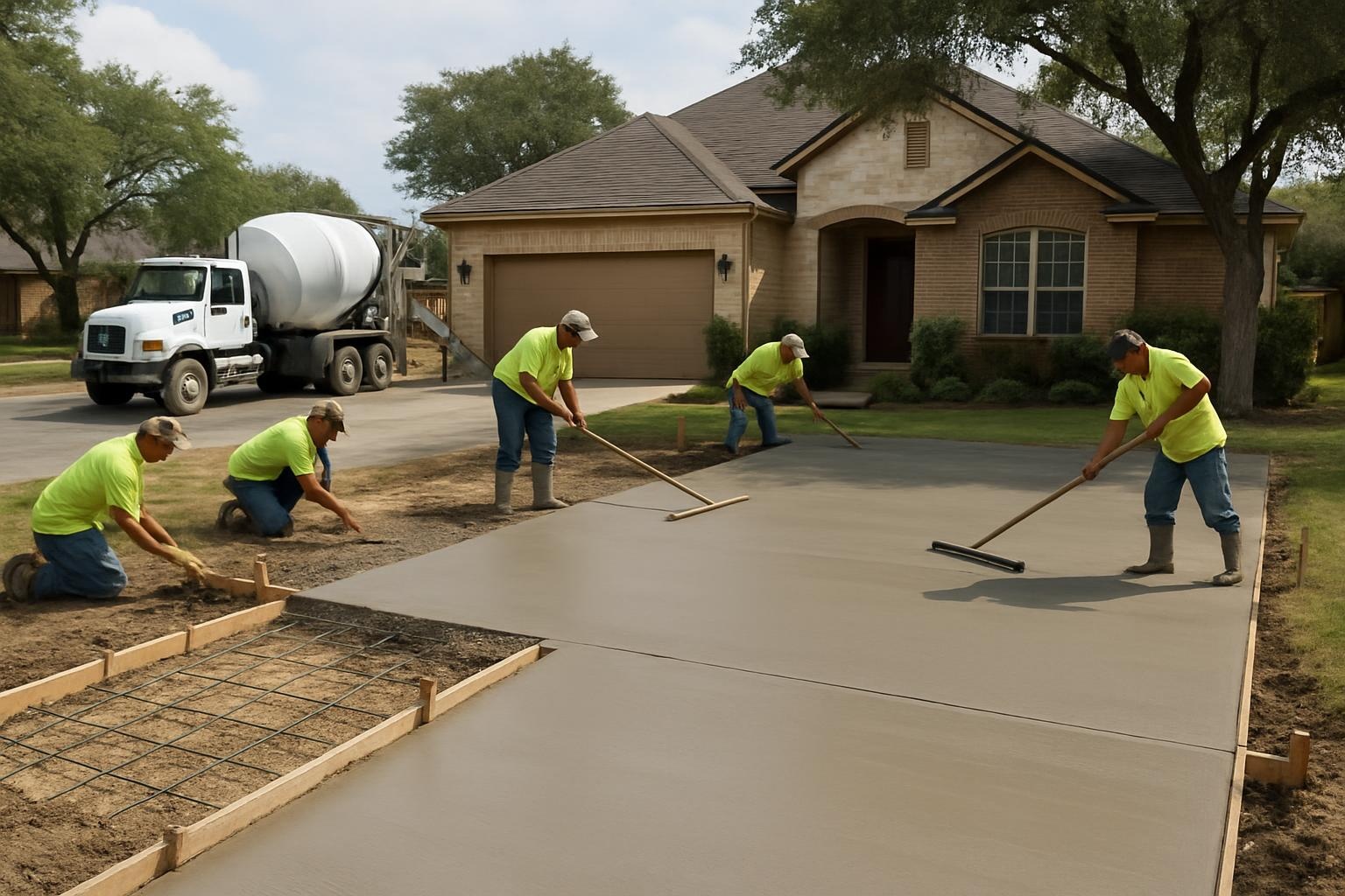 Crew from a concrete contractor installing a new concrete driveway in San Antonio, TX