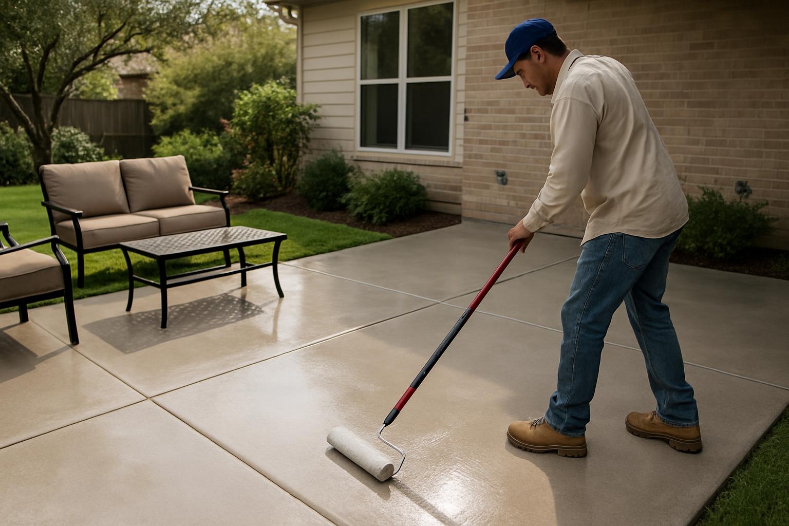 Concrete contractor sealing a concrete patio in San Antonio, TX