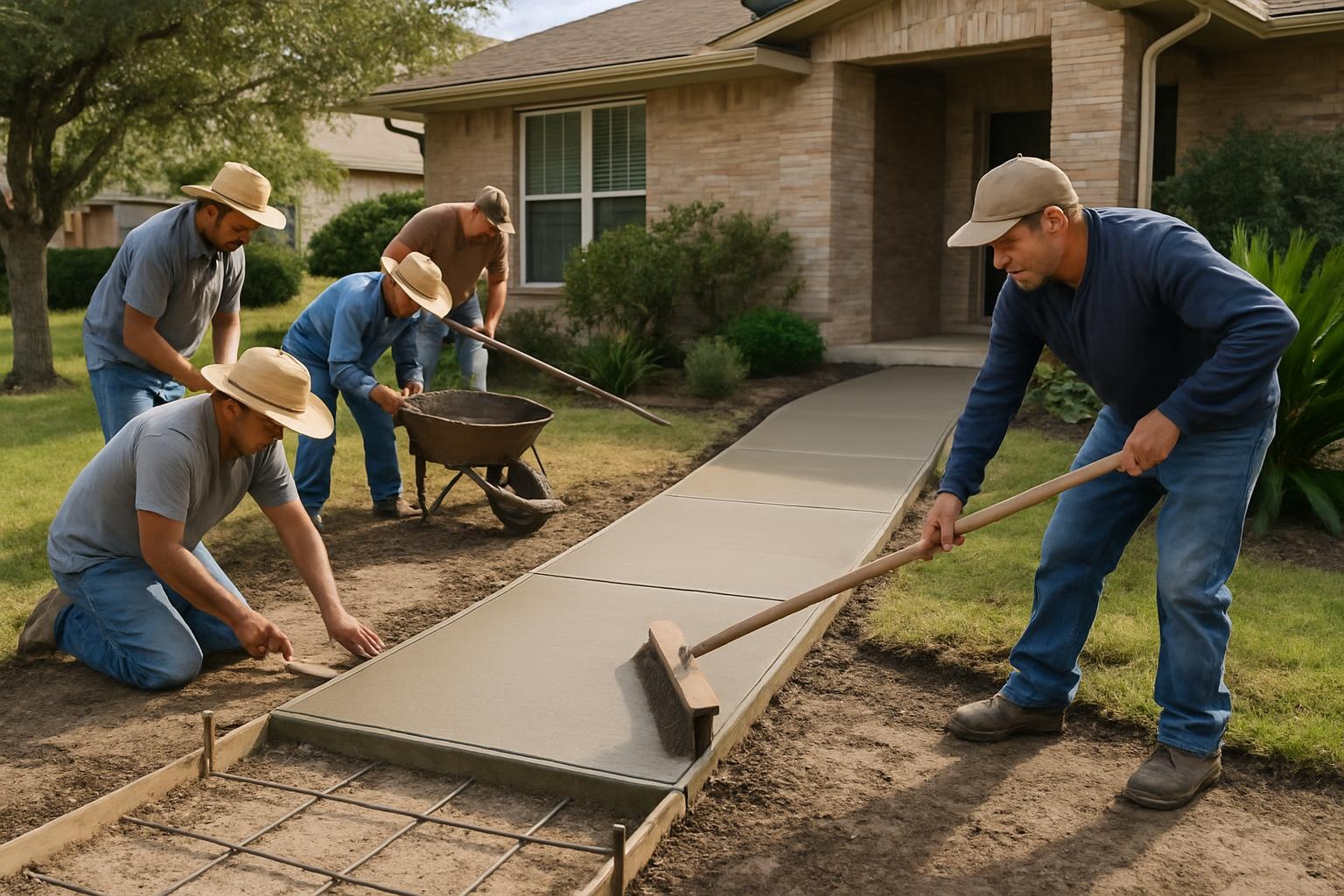 Concrete contractor installing a new concrete sidewalk at a home in San Antonio, TX