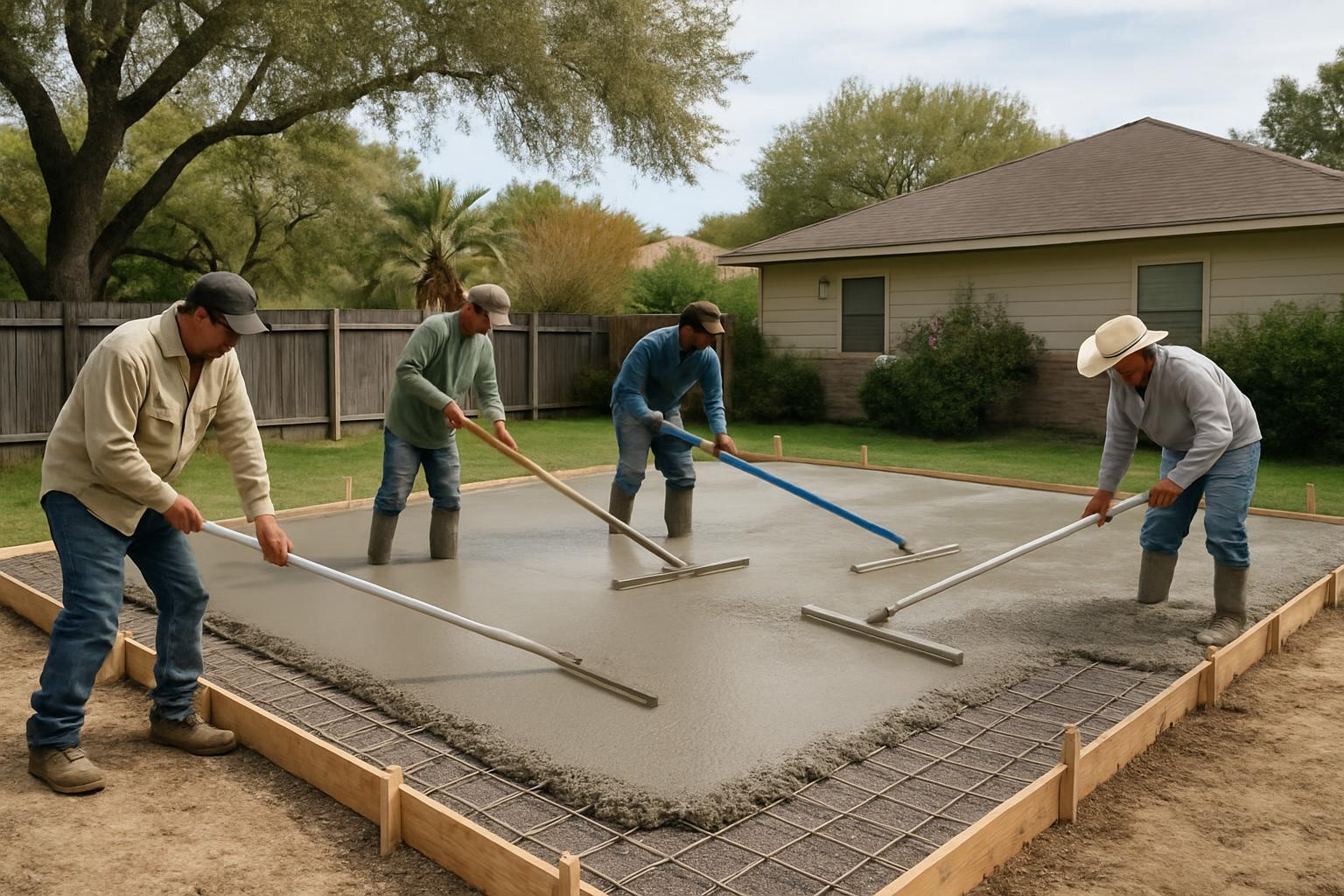 Concrete contractor pouring a reinforced concrete slab at a home in San Antonio, TX