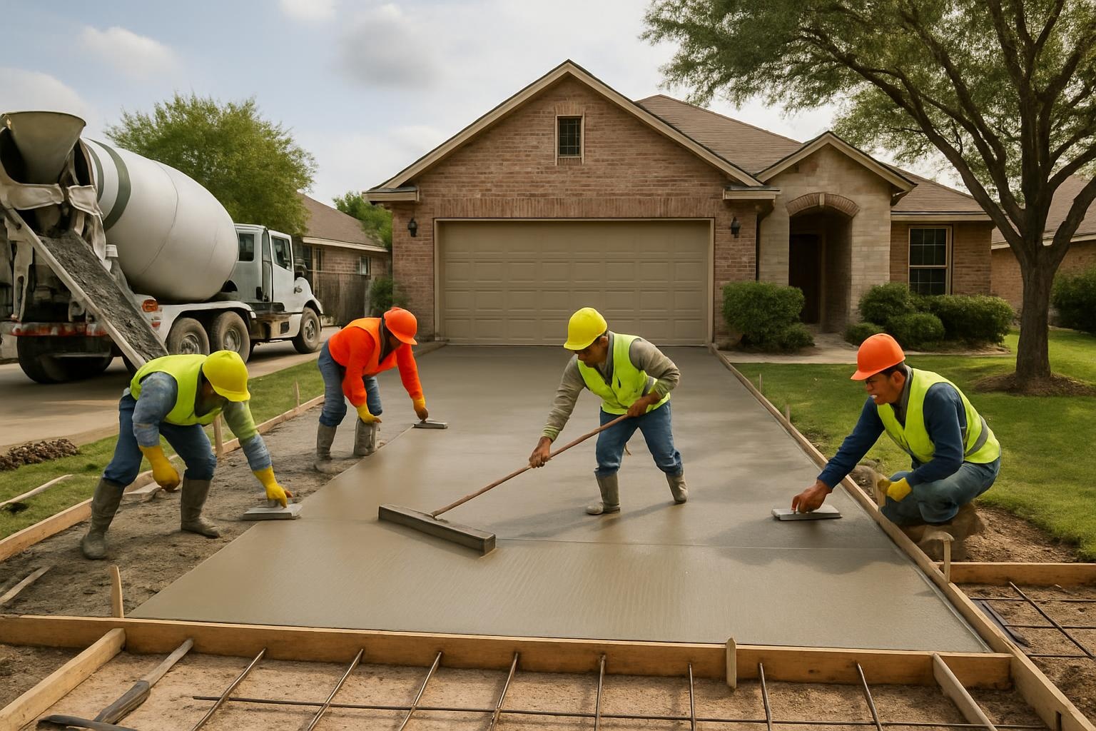 Crew from a concrete contractor finishing a new concrete driveway at a home in San Antonio