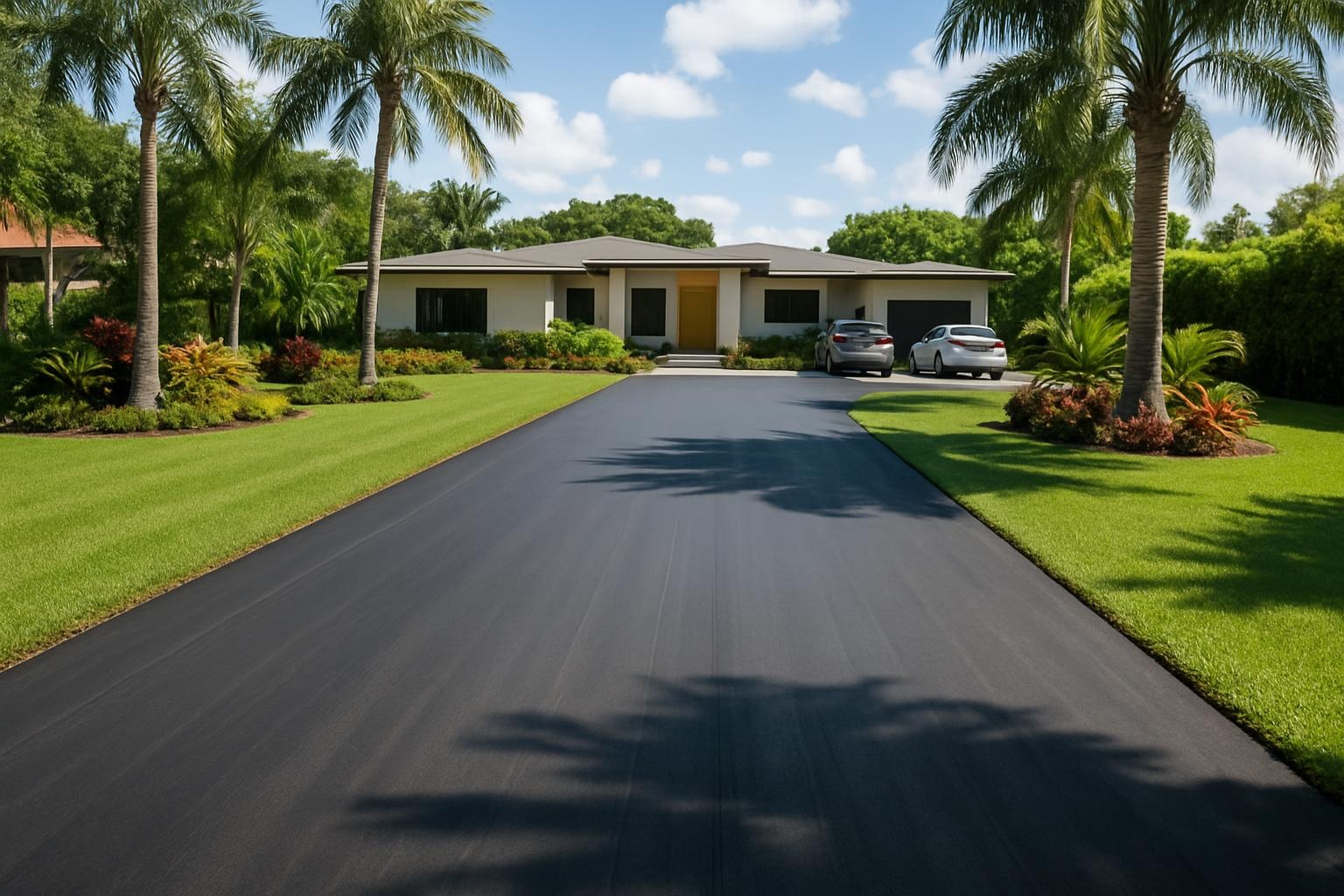 Freshly completed asphalt paving project in Miami with a smooth blacktop driveway in front of a modern home