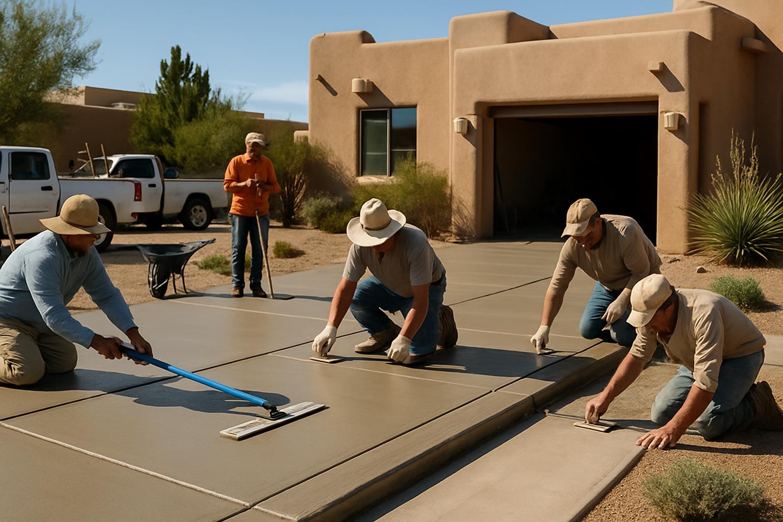 Concrete contractor finishing a new residential concrete driveway in Albuquerque, NM
