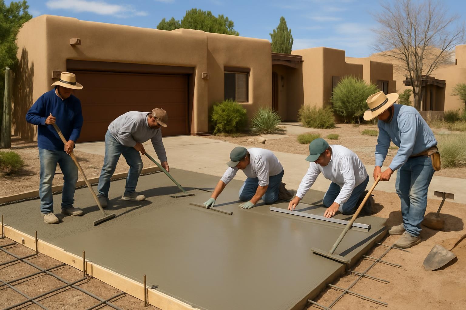 Concrete contractor installing a new concrete driveway at a home in Albuquerque
