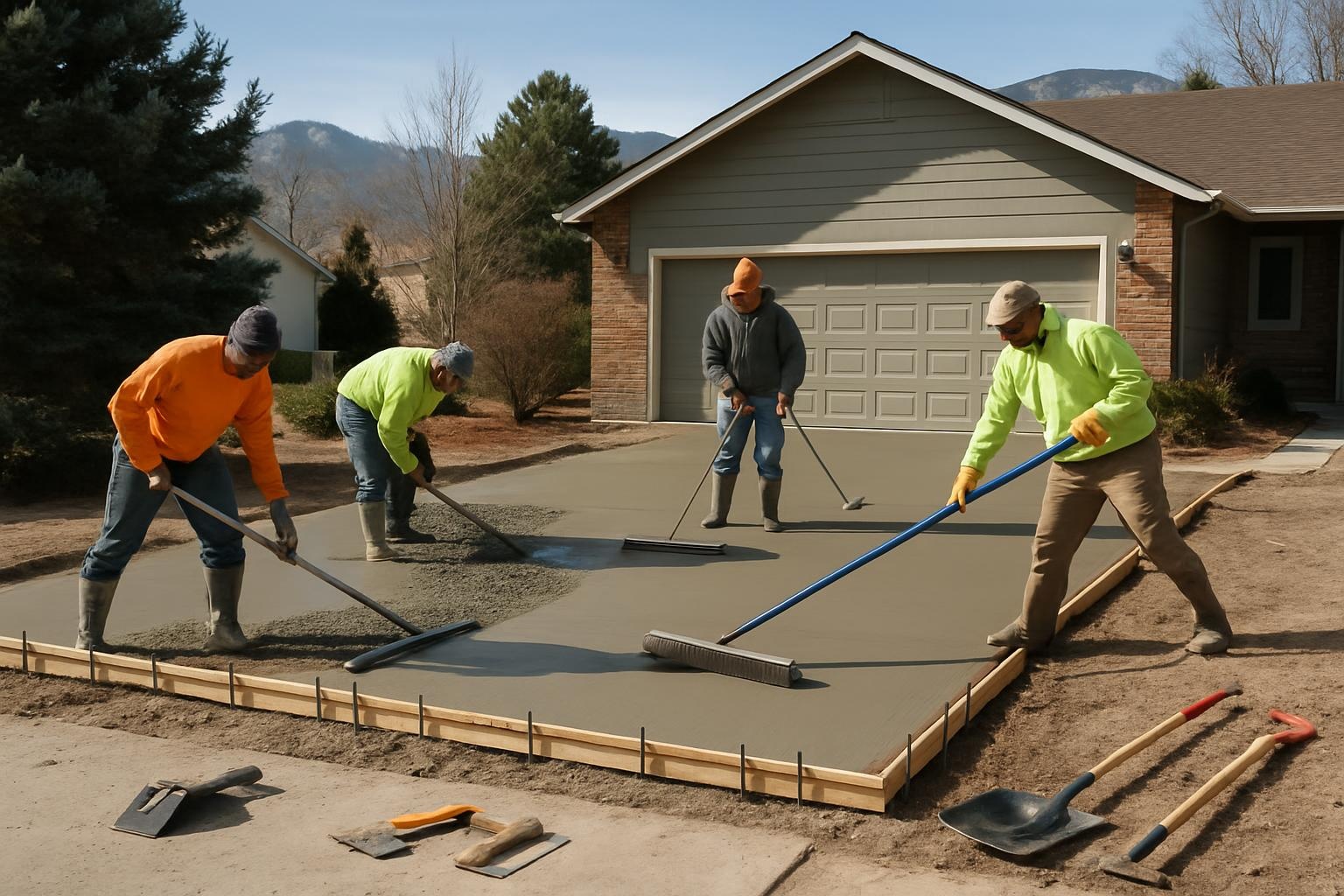 Concrete contractor installing a new concrete driveway in Colorado Springs