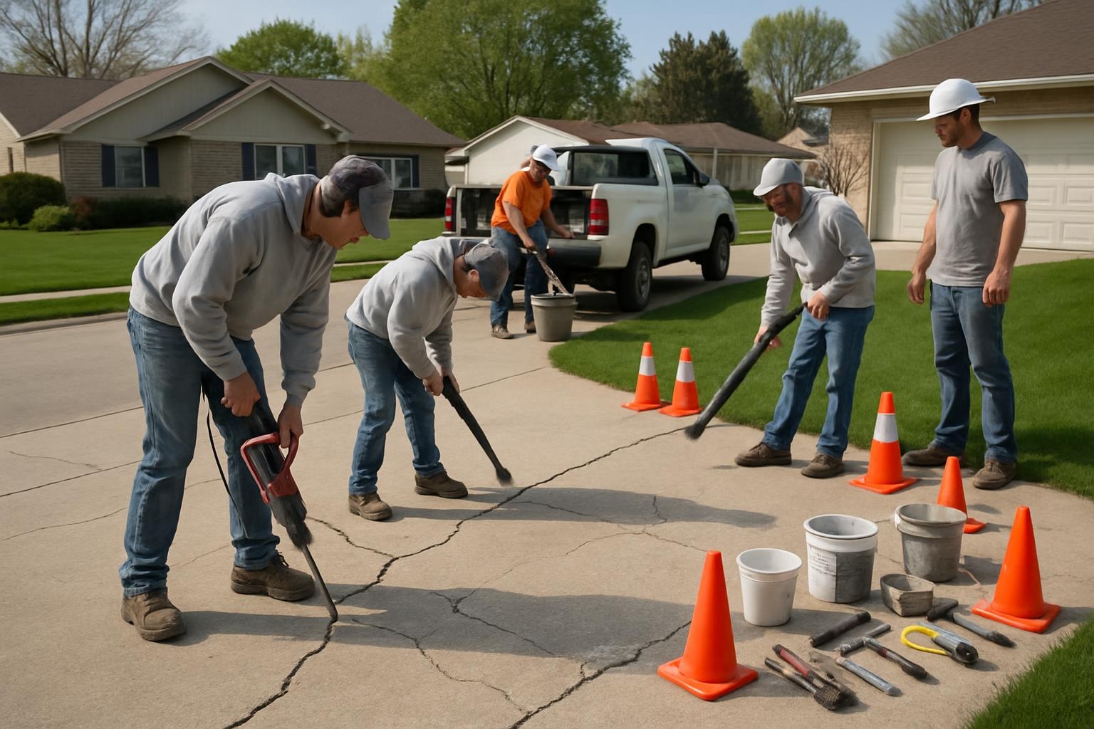 Concrete contractor repairing a cracked concrete driveway in Fort Wayne