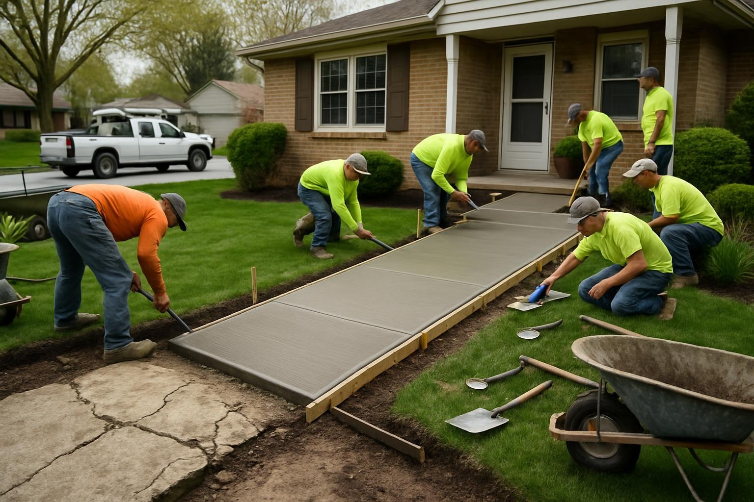 Concrete contractor installing a new broom-finished concrete sidewalk in Fort Wayne