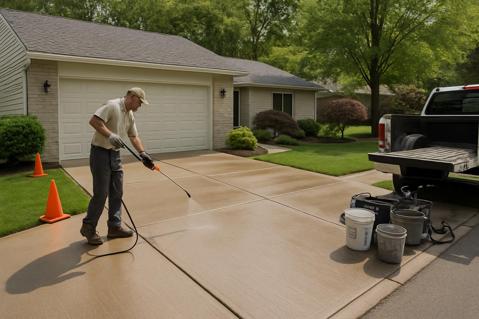 Concrete contractor sealing a residential driveway in Fort Wayne to protect it from winter weather