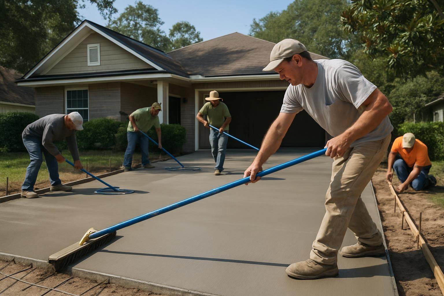 Crew from Superior Concrete Gainesville finishing a residential concrete driveway in Gainesville, FL