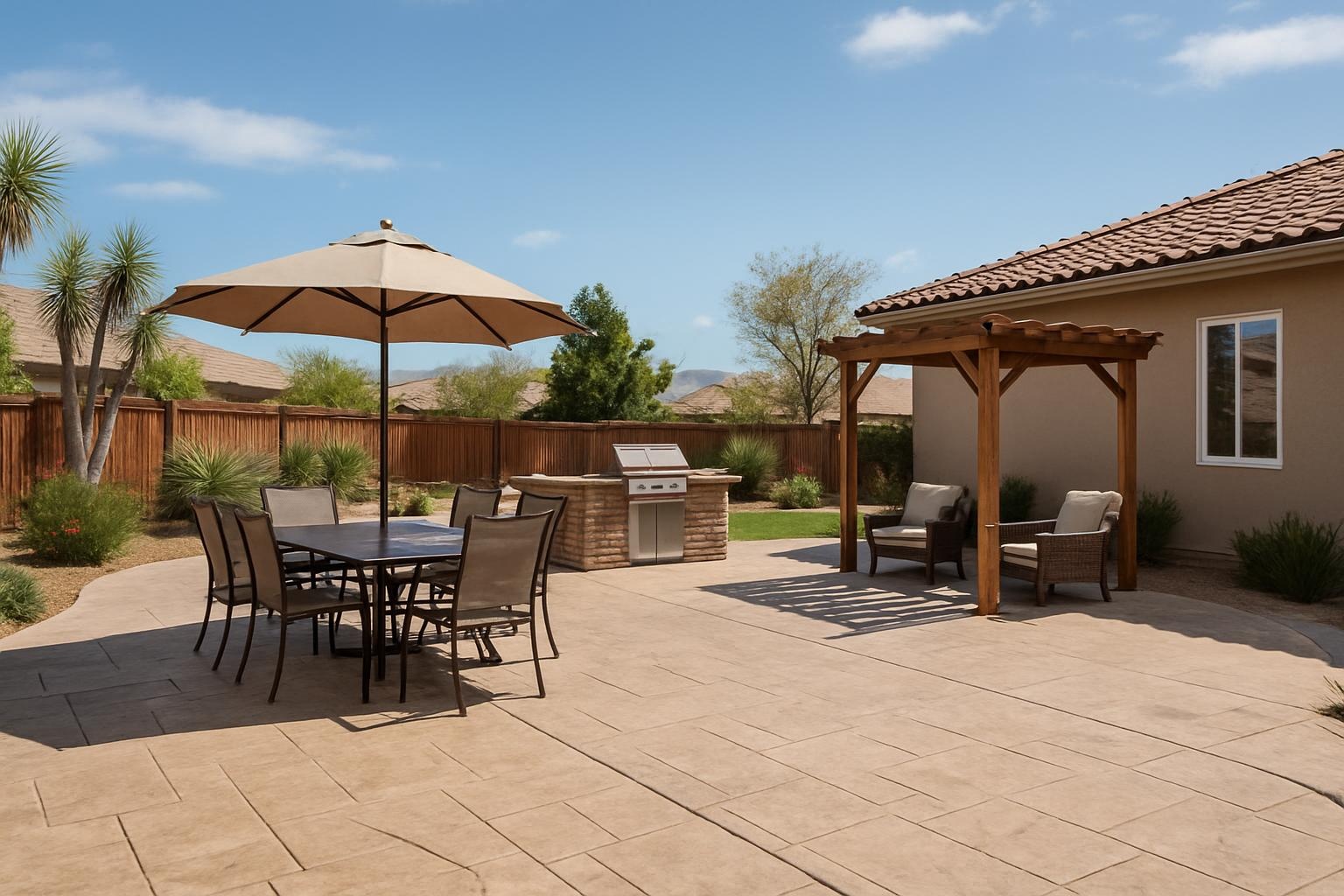 New stamped concrete patio installed by a concrete contractor in Hemet backyard