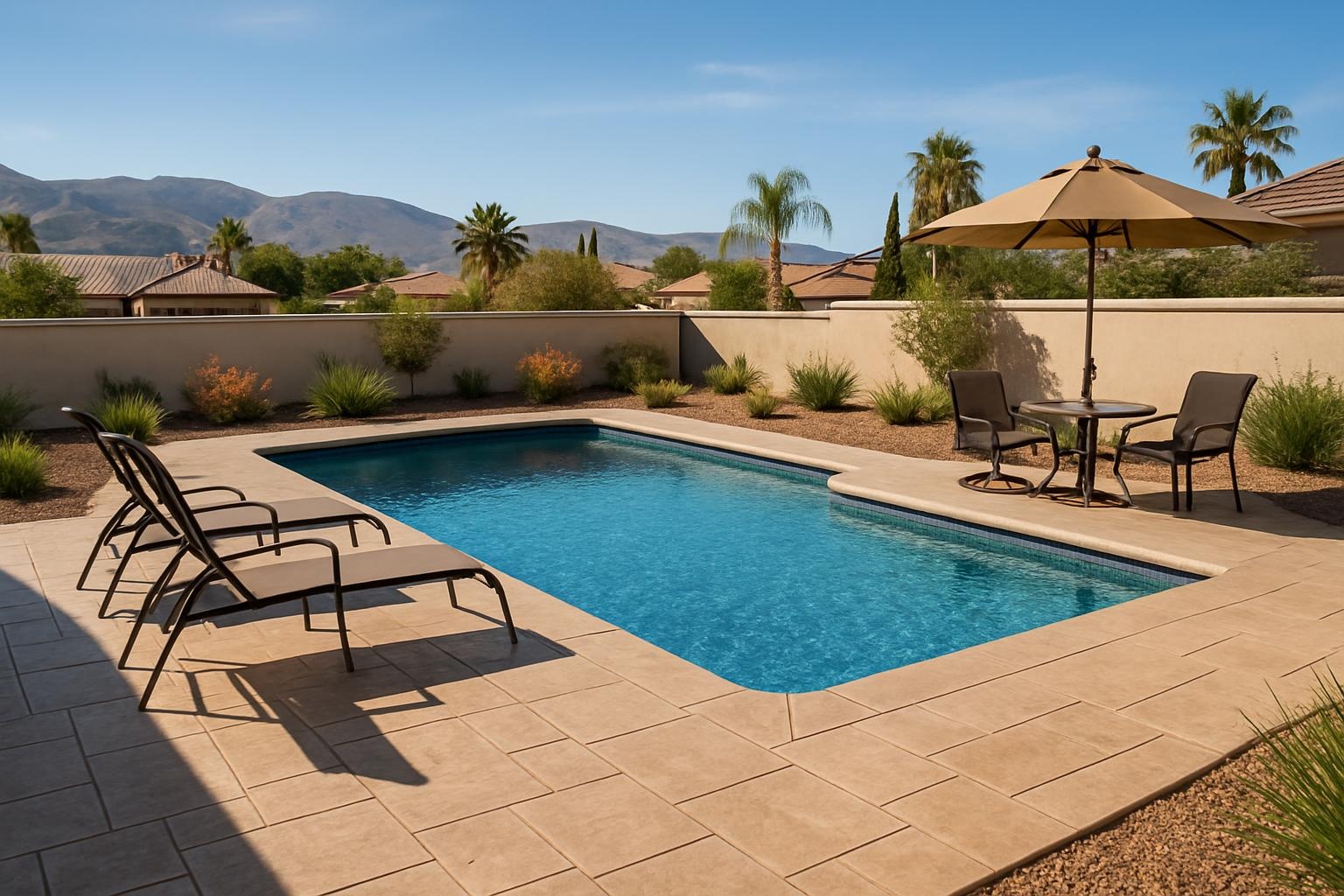 Stamped concrete pool deck installed by a concrete contractor in Hemet, CA