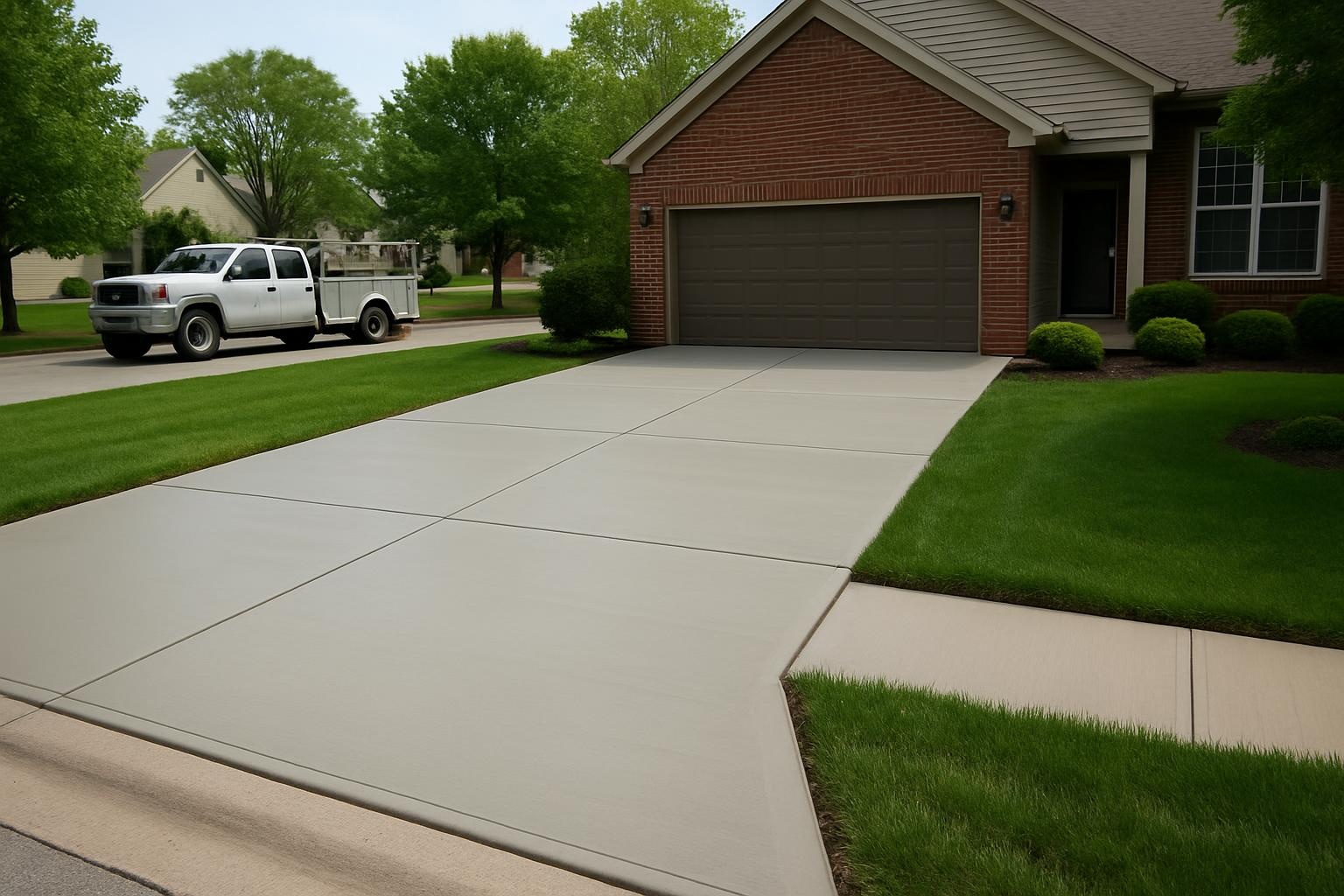 Concrete contractor finishing a new residential concrete driveway in Kansas City, KS