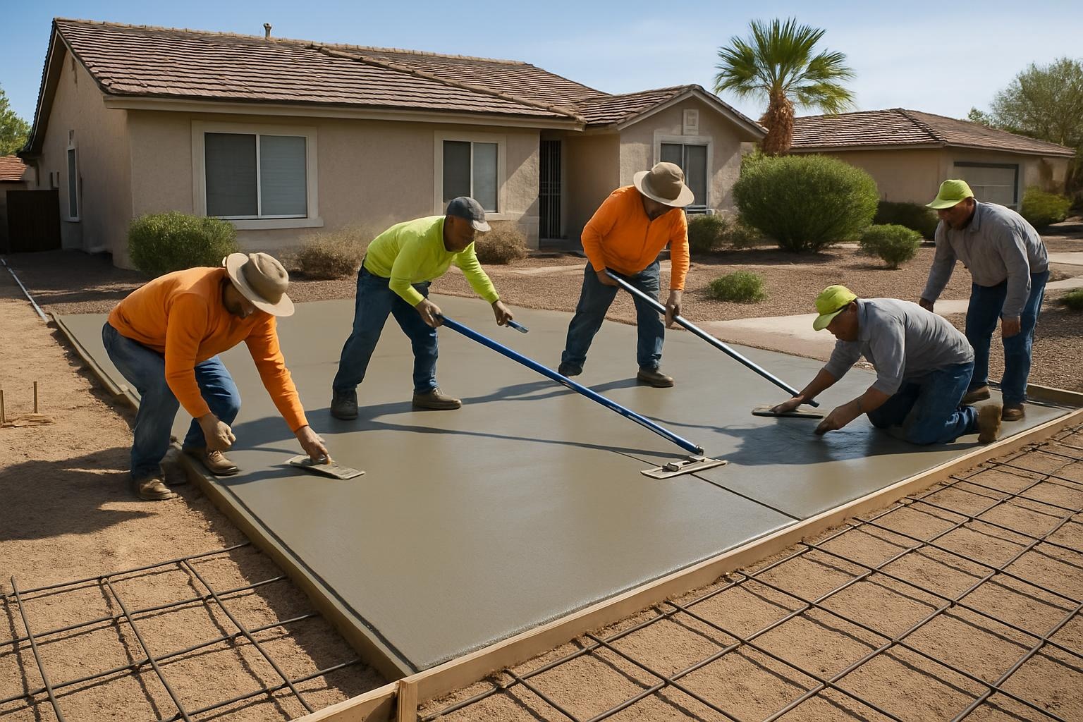 Concrete contractor installing a new concrete driveway at a home in Las Vegas