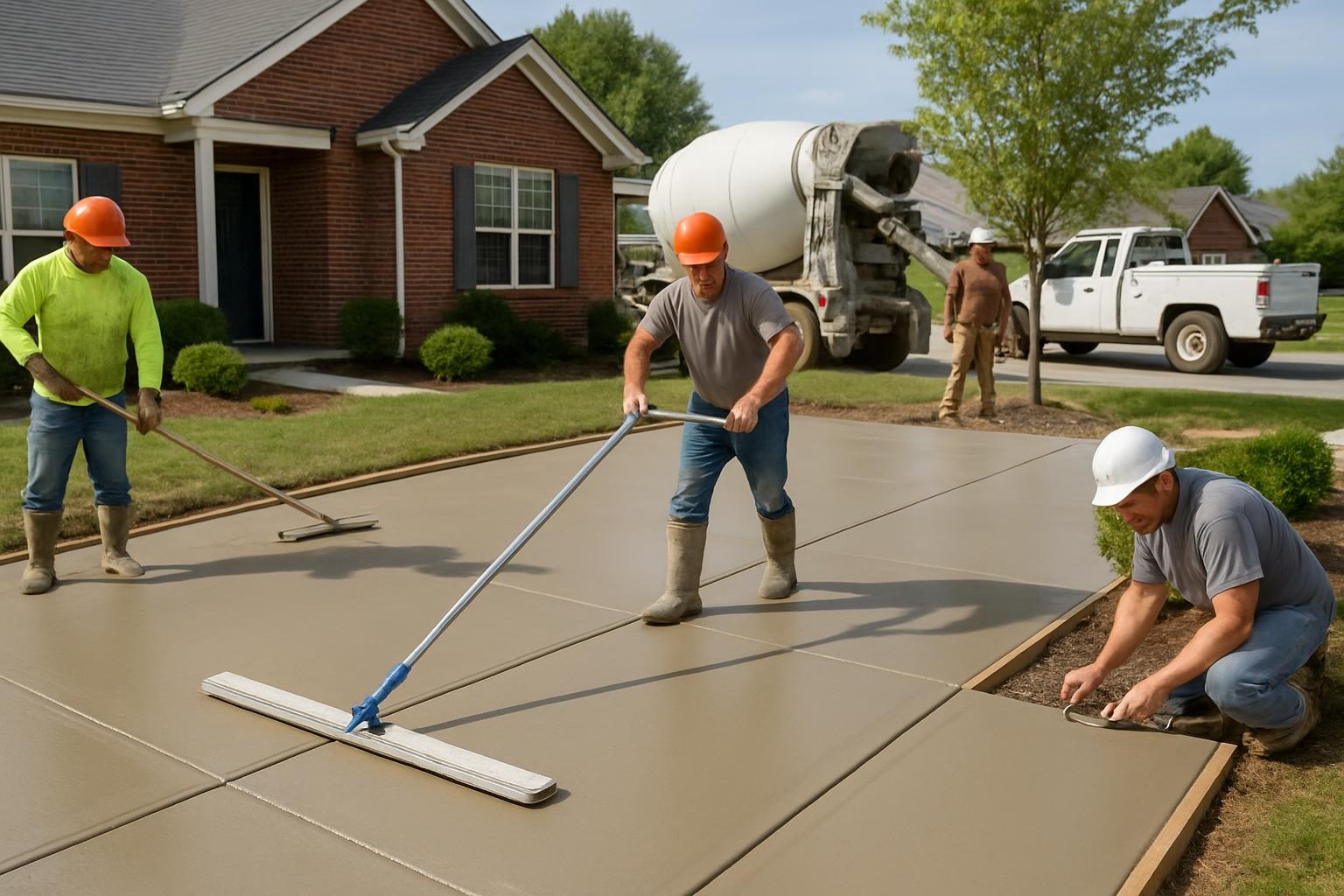 Concrete contractor finishing a new residential concrete driveway in Lexington, KY