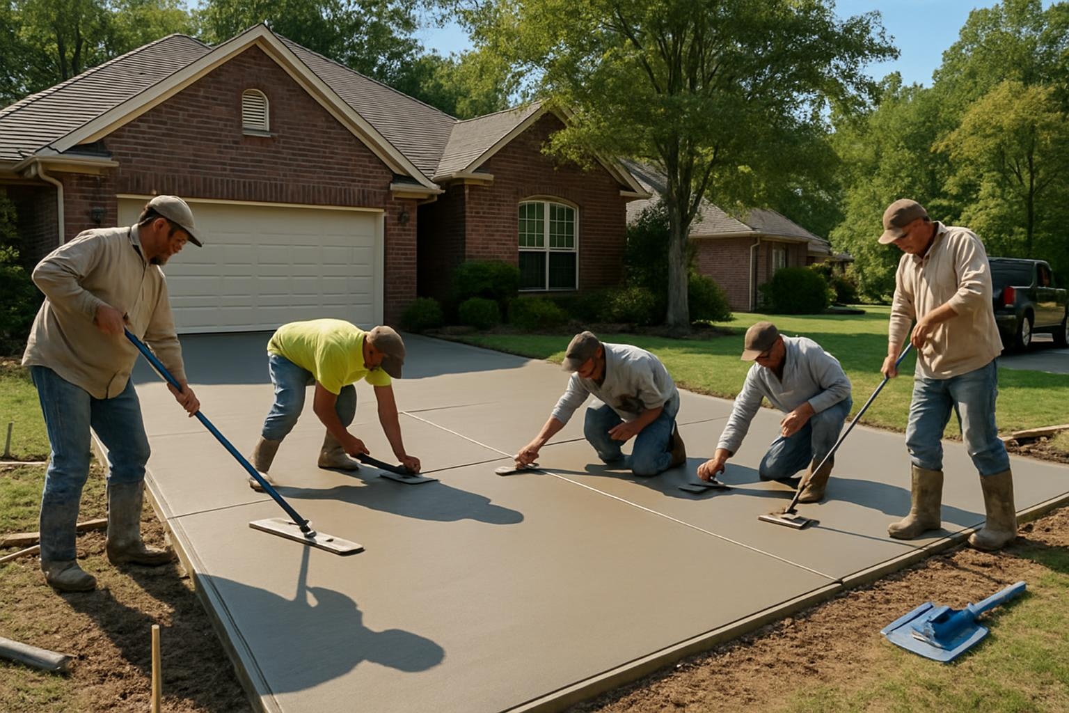 Concrete contractor installing a new concrete driveway at a home in Little Rock, AR