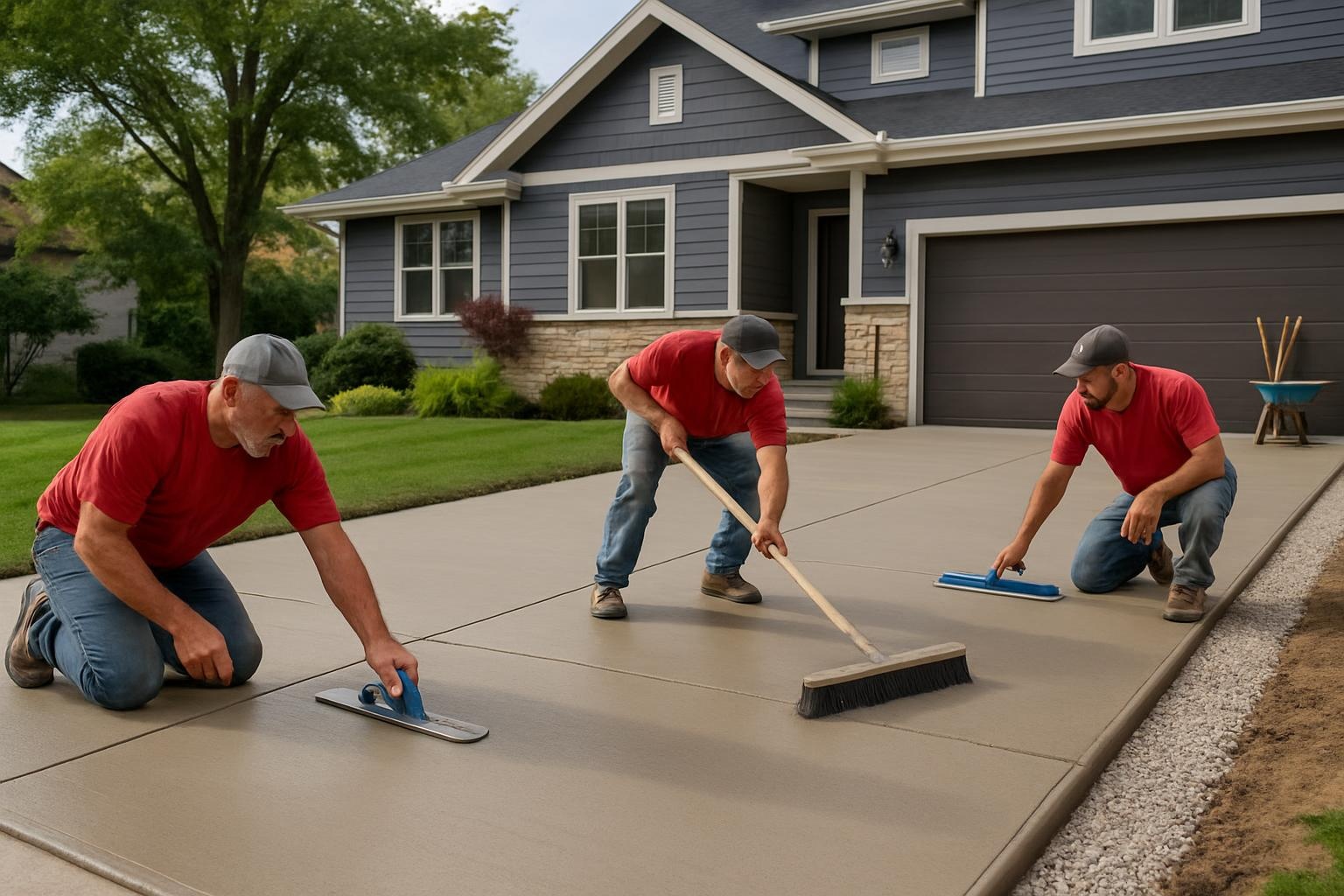 Concrete contractor finishing a new concrete driveway in Madison, WI