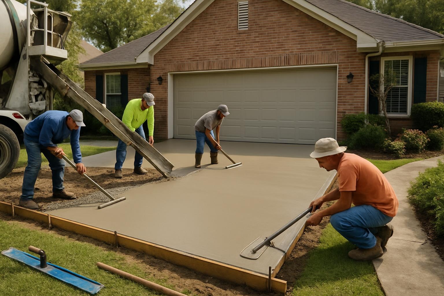 Concrete contractor installing a new concrete driveway at a home in New Orleans