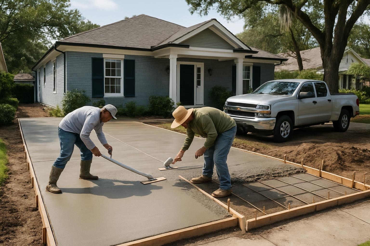 Crew from Superior Concrete New Orleans installing a new concrete driveway for a home in New Orleans