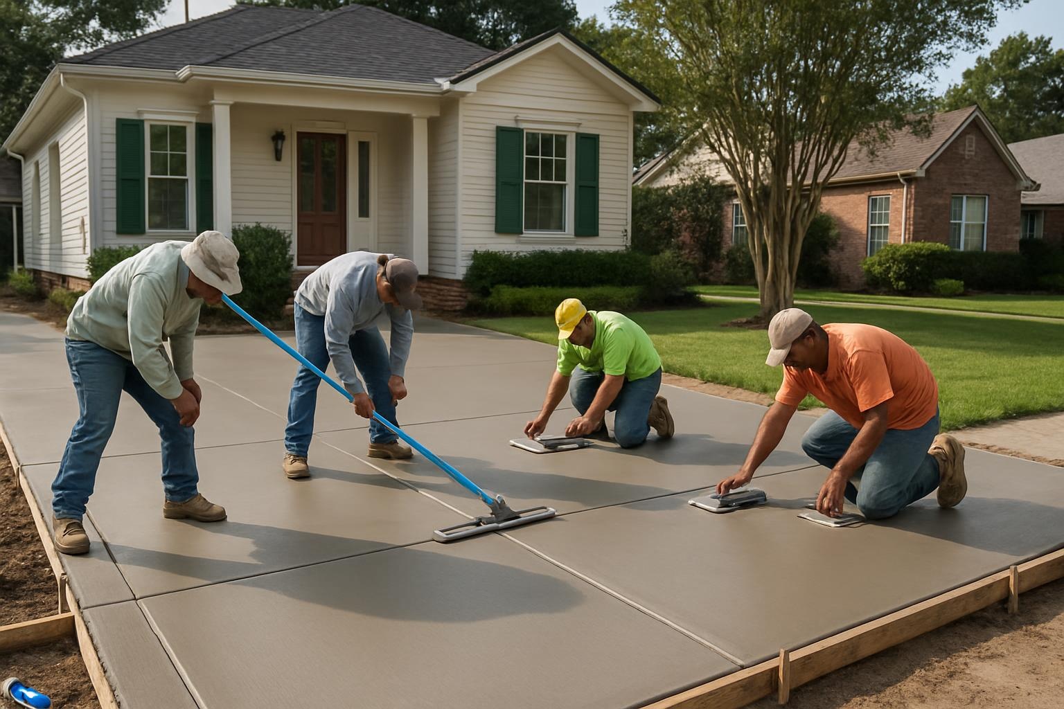 Concrete contractor installing a new concrete driveway at a home in New Orleans