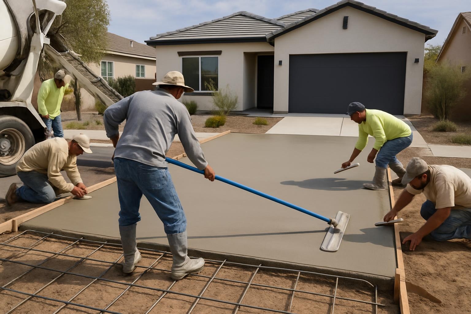 Concrete contractor installing a new concrete driveway in Phoenix with forms, rebar, and smooth finished surface
