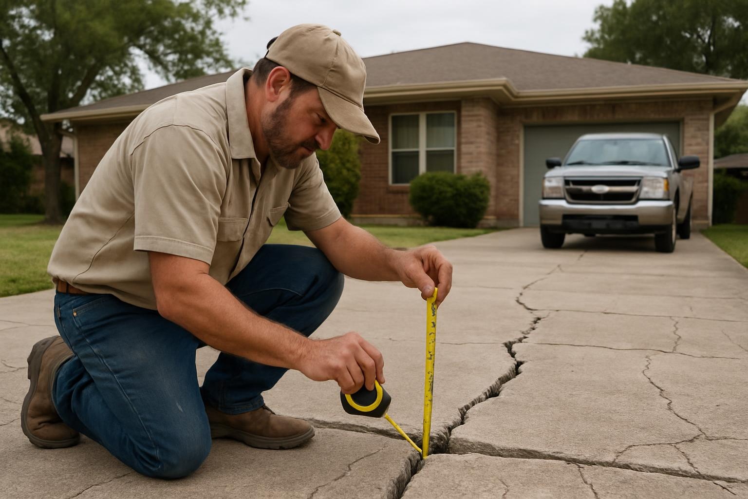 Concrete contractor inspecting cracked driveway for repair or replacement in Port Arthur TX