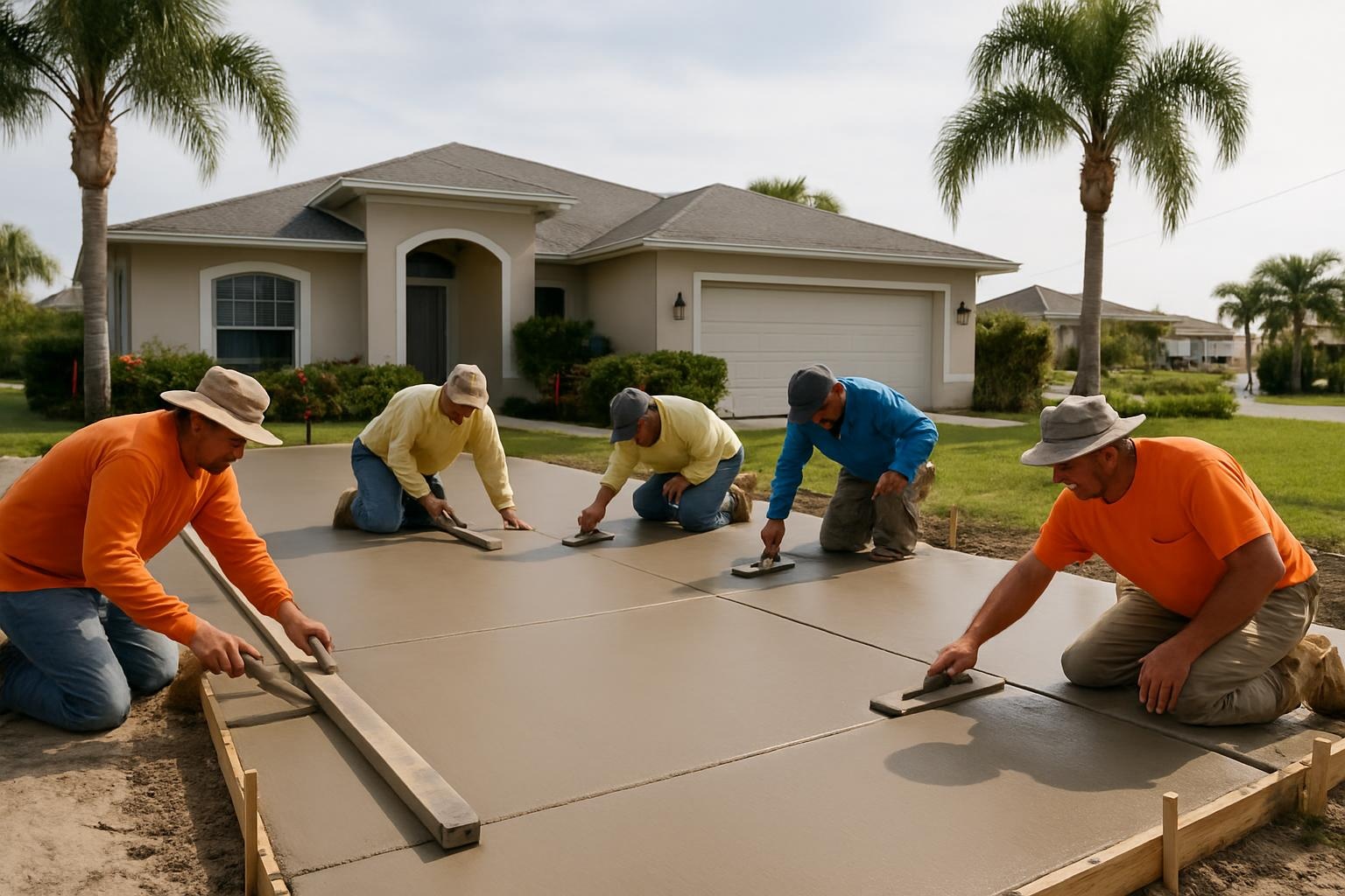 Concrete contractor finishing a new concrete driveway in Port Charlotte FL