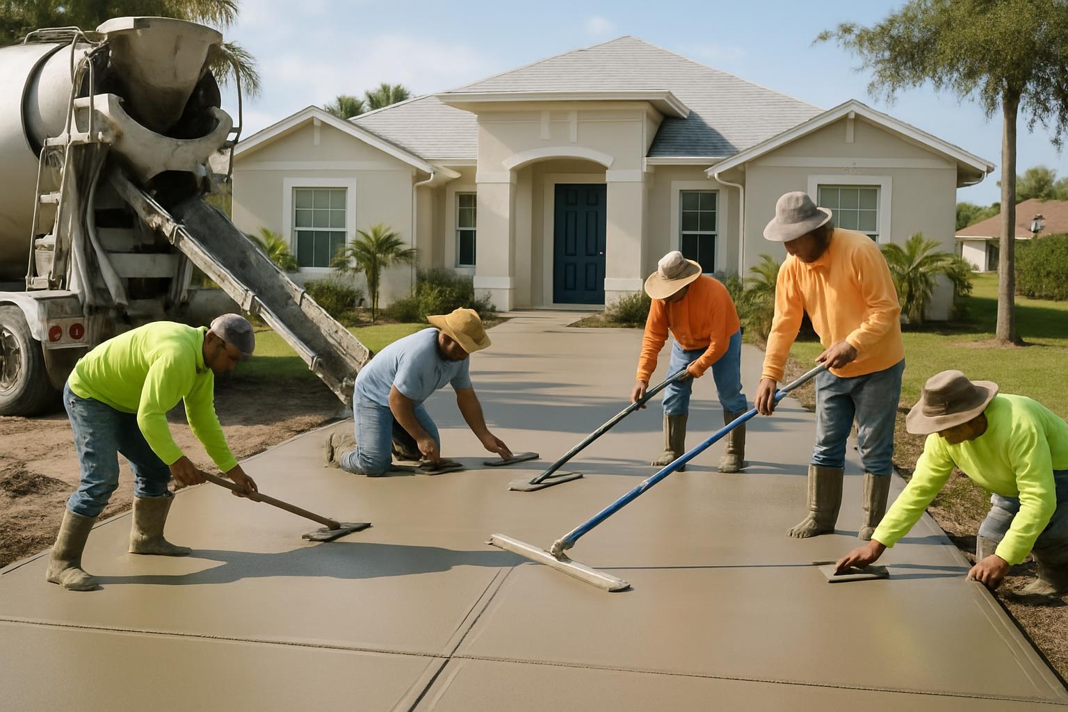 Residential concrete contractor installing a new concrete driveway in Port Charlotte, FL