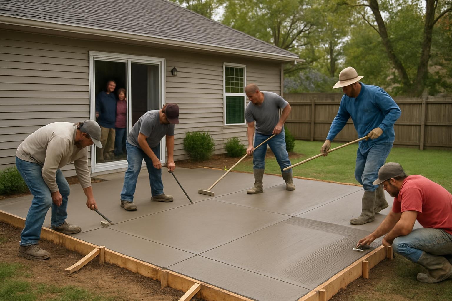 Concrete contractor finishing a new backyard concrete patio in Russellville AR