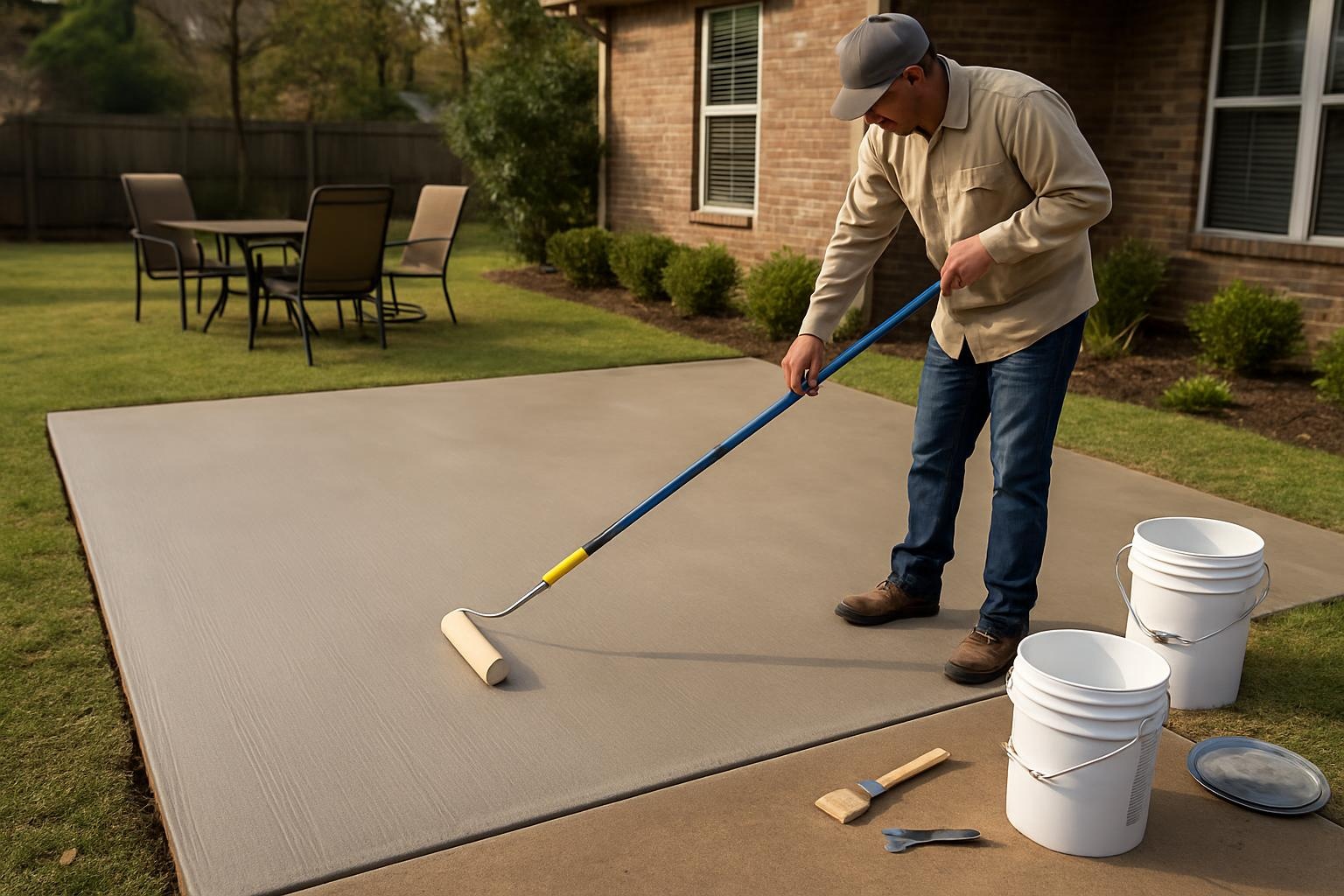 Concrete contractor sealing a residential concrete patio in Russellville AR