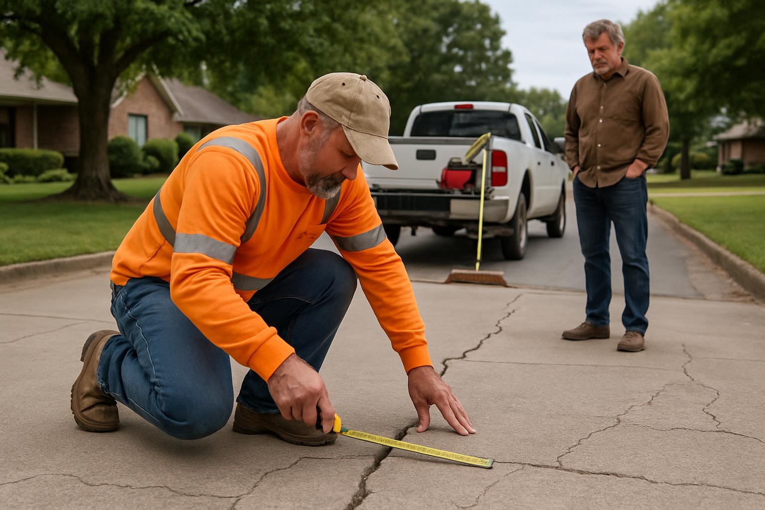 Concrete contractor assessing cracked concrete driveway for repair or replacement in Russellville AR