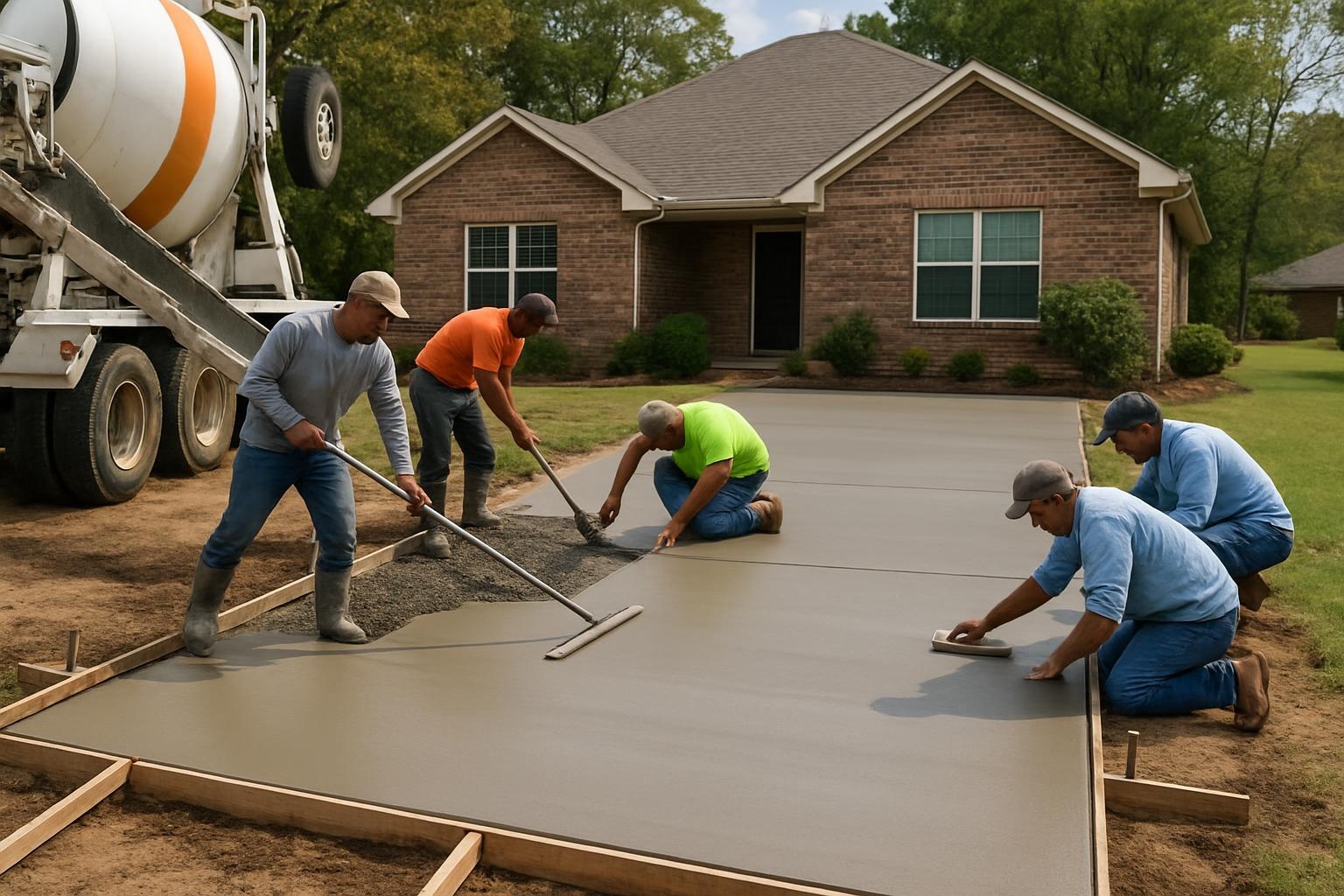 Concrete contractor installing a new concrete driveway at a home in Russellville AR