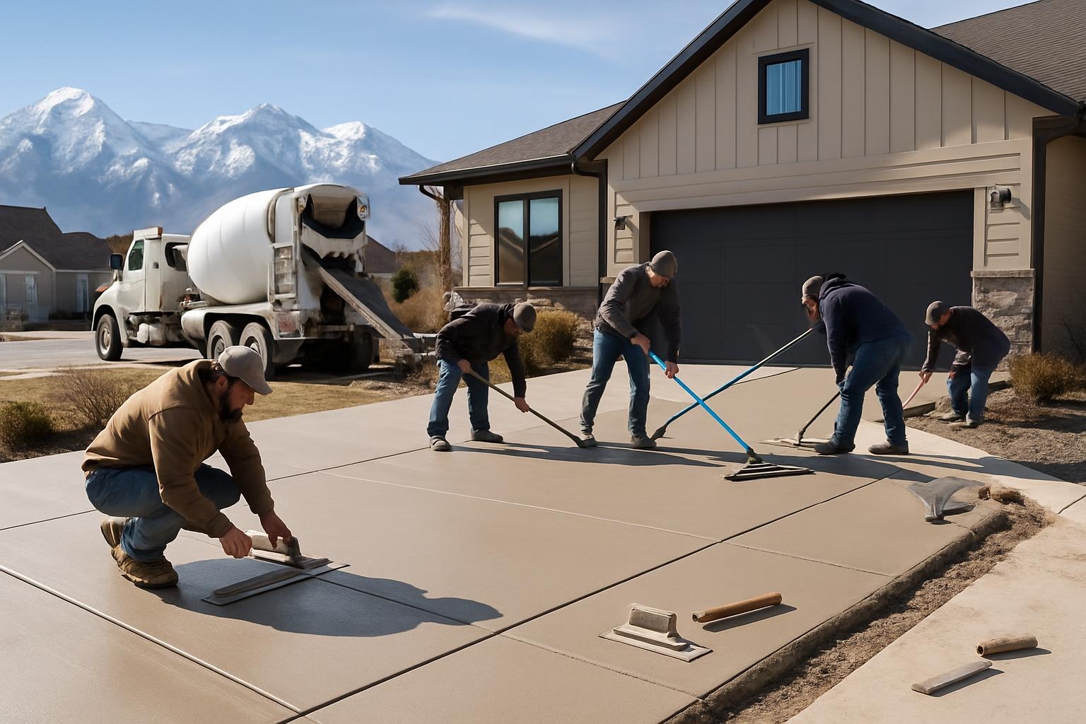 Concrete contractor finishing a new concrete driveway in Salt Lake City