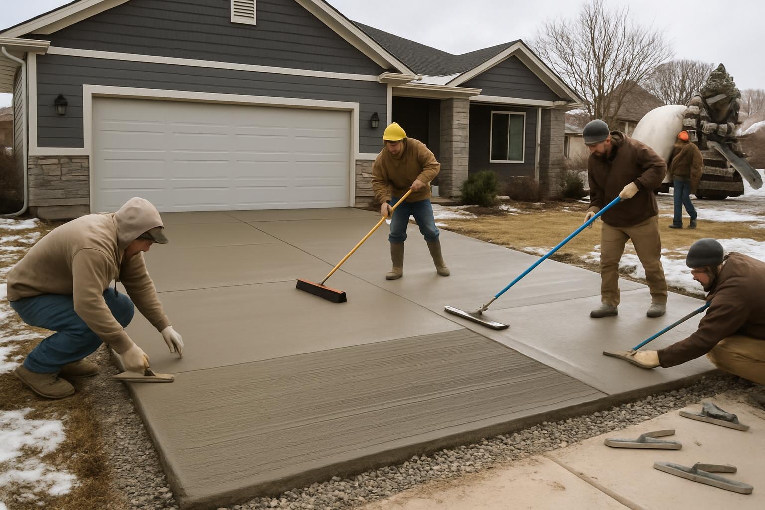 Concrete contractor finishing a new concrete driveway in Salt Lake City
