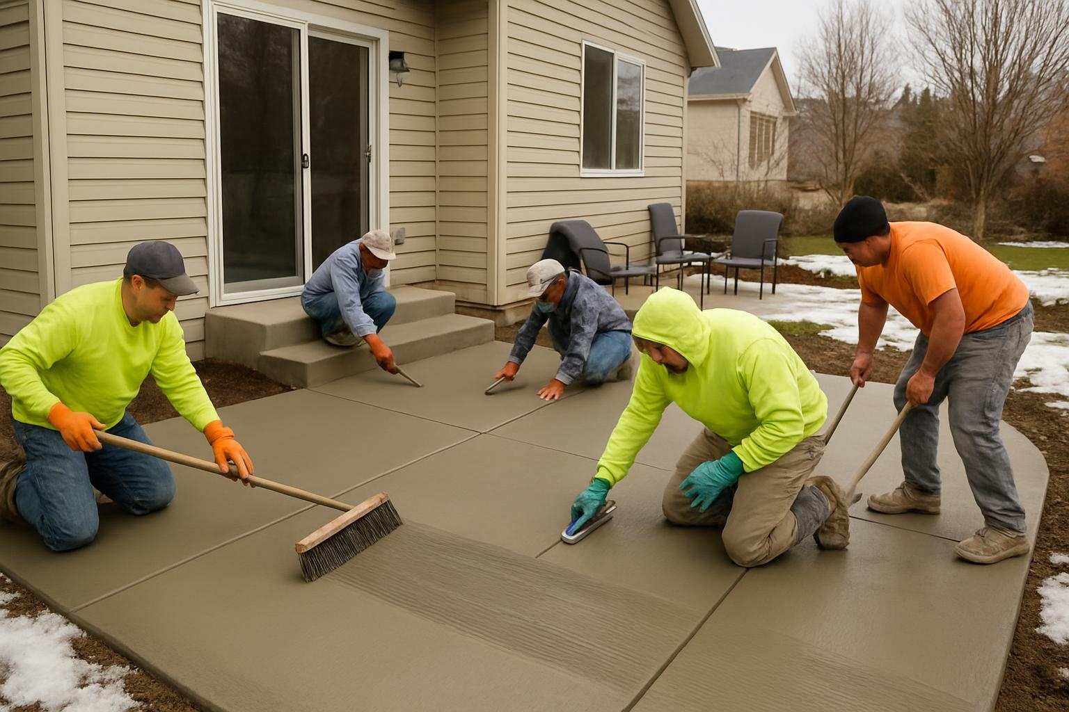 Concrete contractor finishing a new broom-finished concrete patio in a Salt Lake City backyard