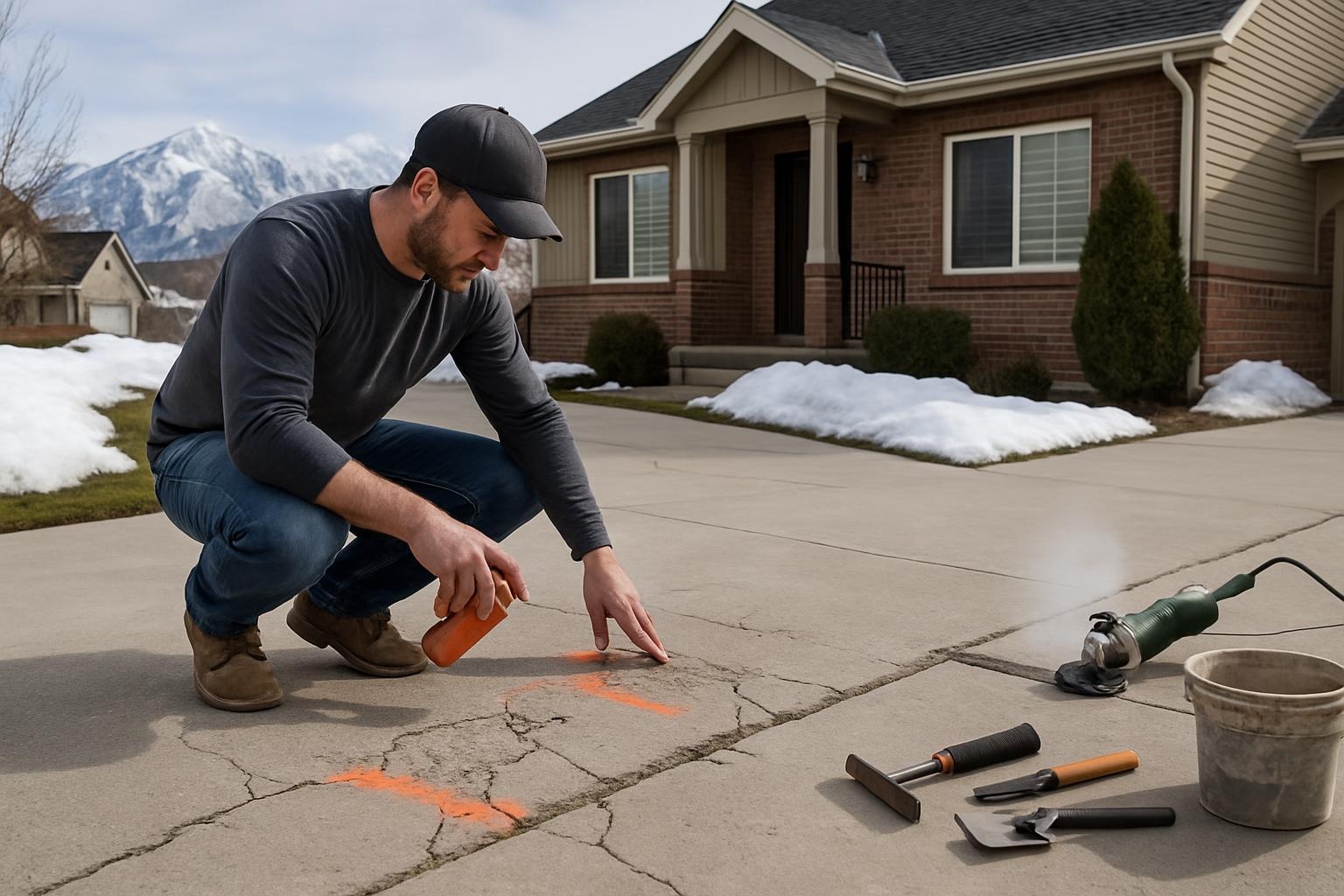 Concrete contractor performing concrete repair on a residential driveway in Salt Lake City