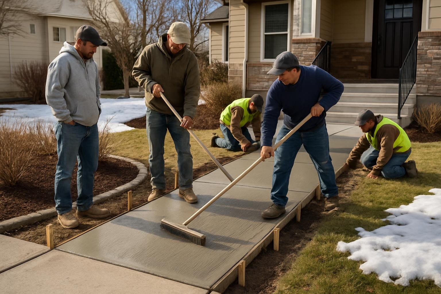 Concrete contractor finishing a new broom-finished concrete sidewalk in Salt Lake City