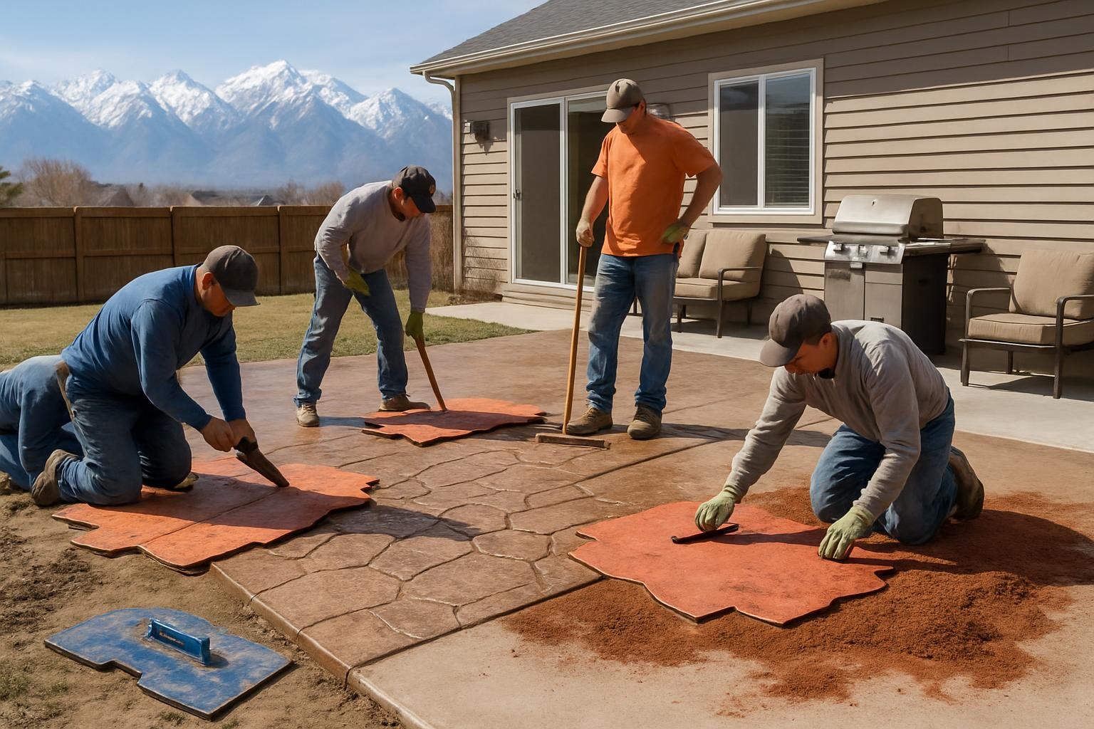 Concrete contractor installing a stamped concrete patio in Salt Lake City