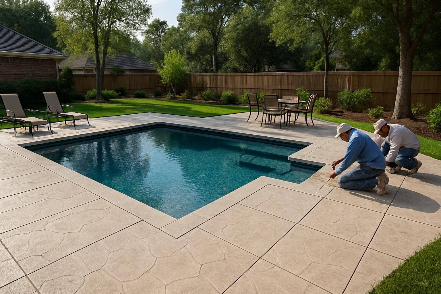 Concrete contractor installing a textured concrete pool deck in Spring, TX