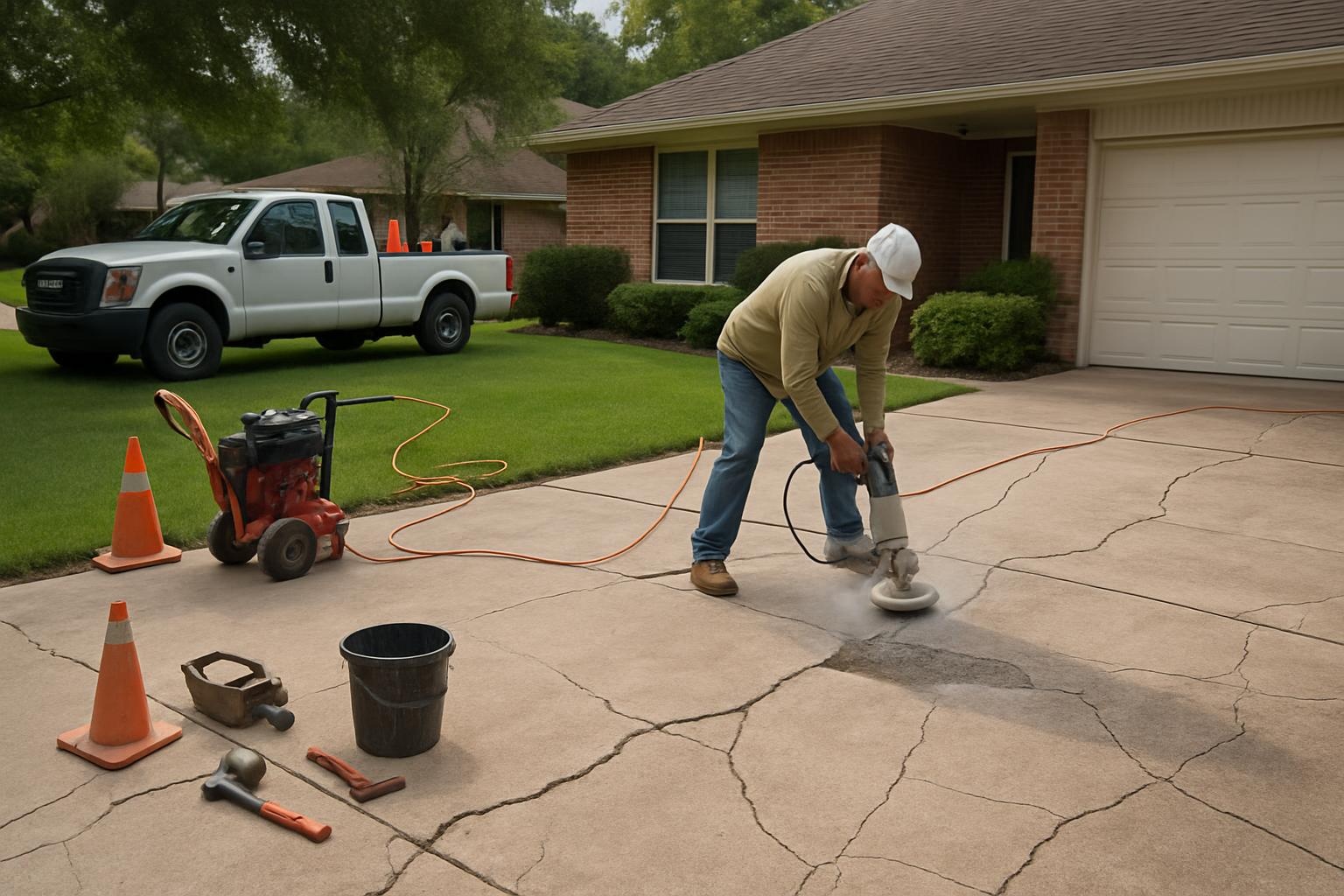 Concrete contractor performing driveway concrete repair on a home in Spring, TX