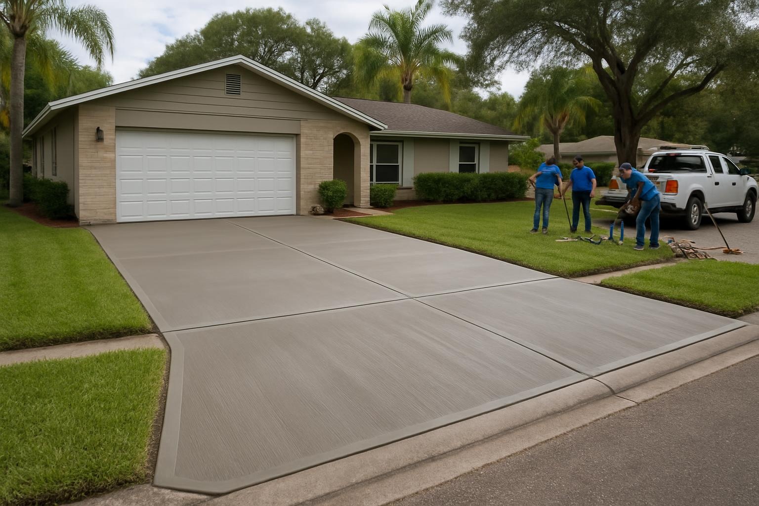 New concrete driveway installed by a concrete contractor in Tampa, FL with clean broom finish and control joints