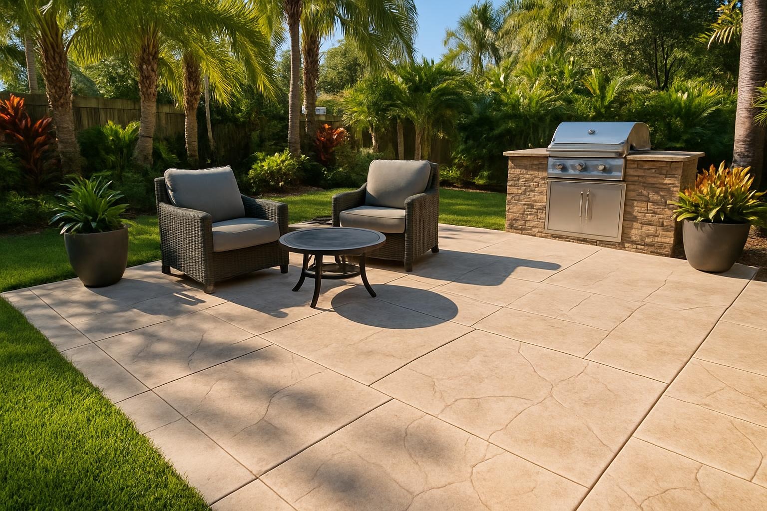 Concrete patio installed by a concrete contractor in Tampa, FL with textured finish and outdoor seating