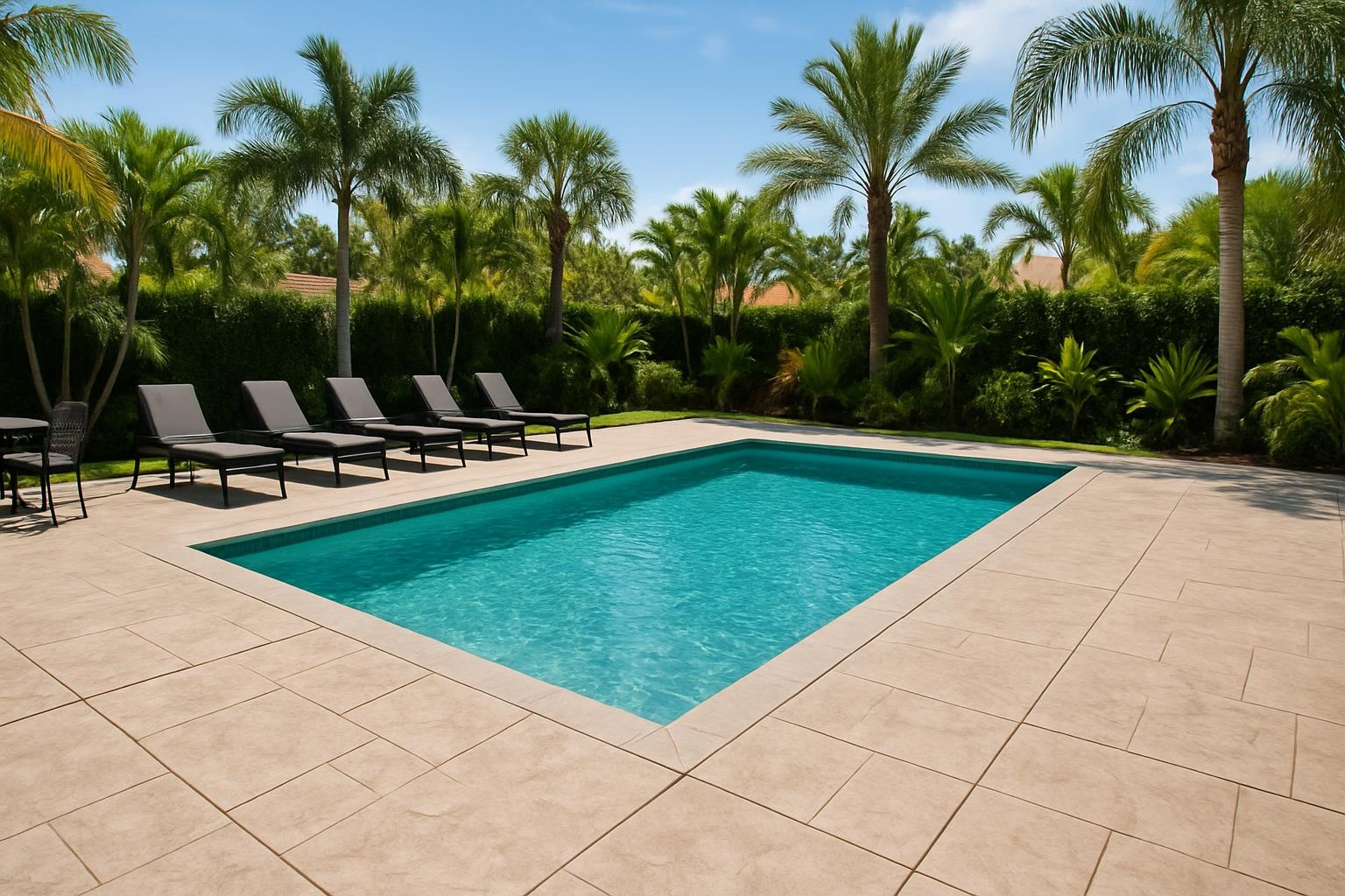 Textured concrete pool deck installed by a concrete contractor in Tampa, FL with light-colored slip-resistant finish