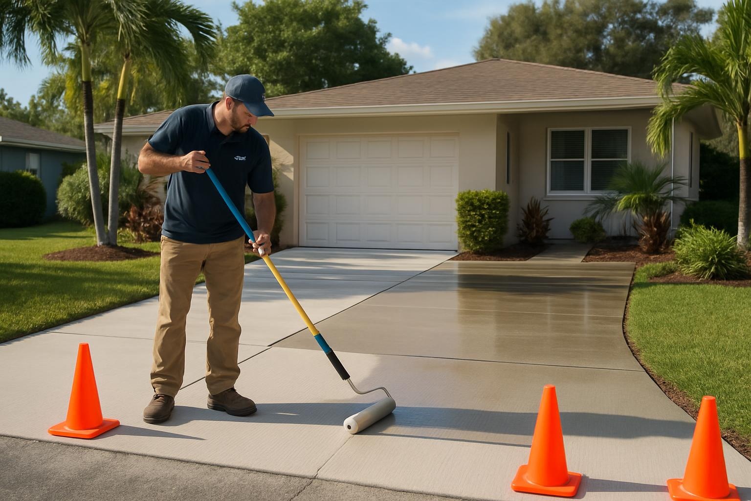 Concrete contractor sealing a concrete driveway in Tampa, FL to protect it from sun and rain